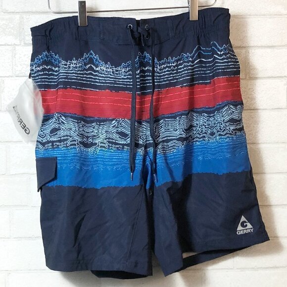 Gerry Cargo Swim Trunks 9" Board Shorts Men's Size M Navy Blue Red White - Picture 1 of 3